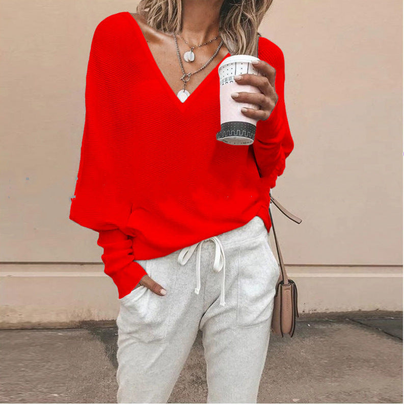 Solid Color And V-neck Batwing Sleeve Long Sleeve T-shirt Top For Women