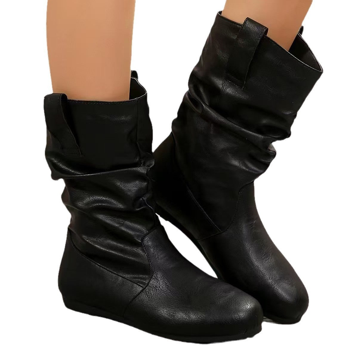 Large Size Flat Bottom Stitching Round Head Middle Boots