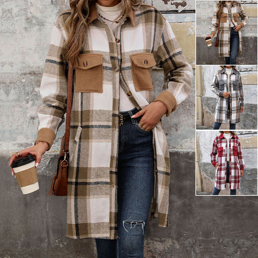 Plaid Long Coat With Pockets Outwear Women's Clothing