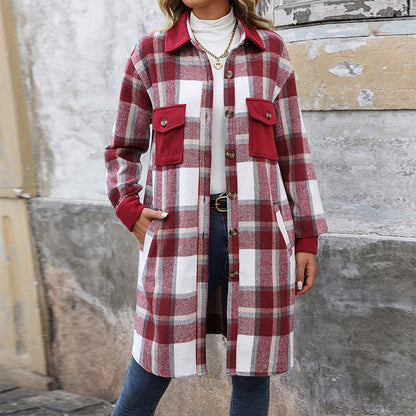 Plaid Long Coat With Pockets Outwear Women's Clothing