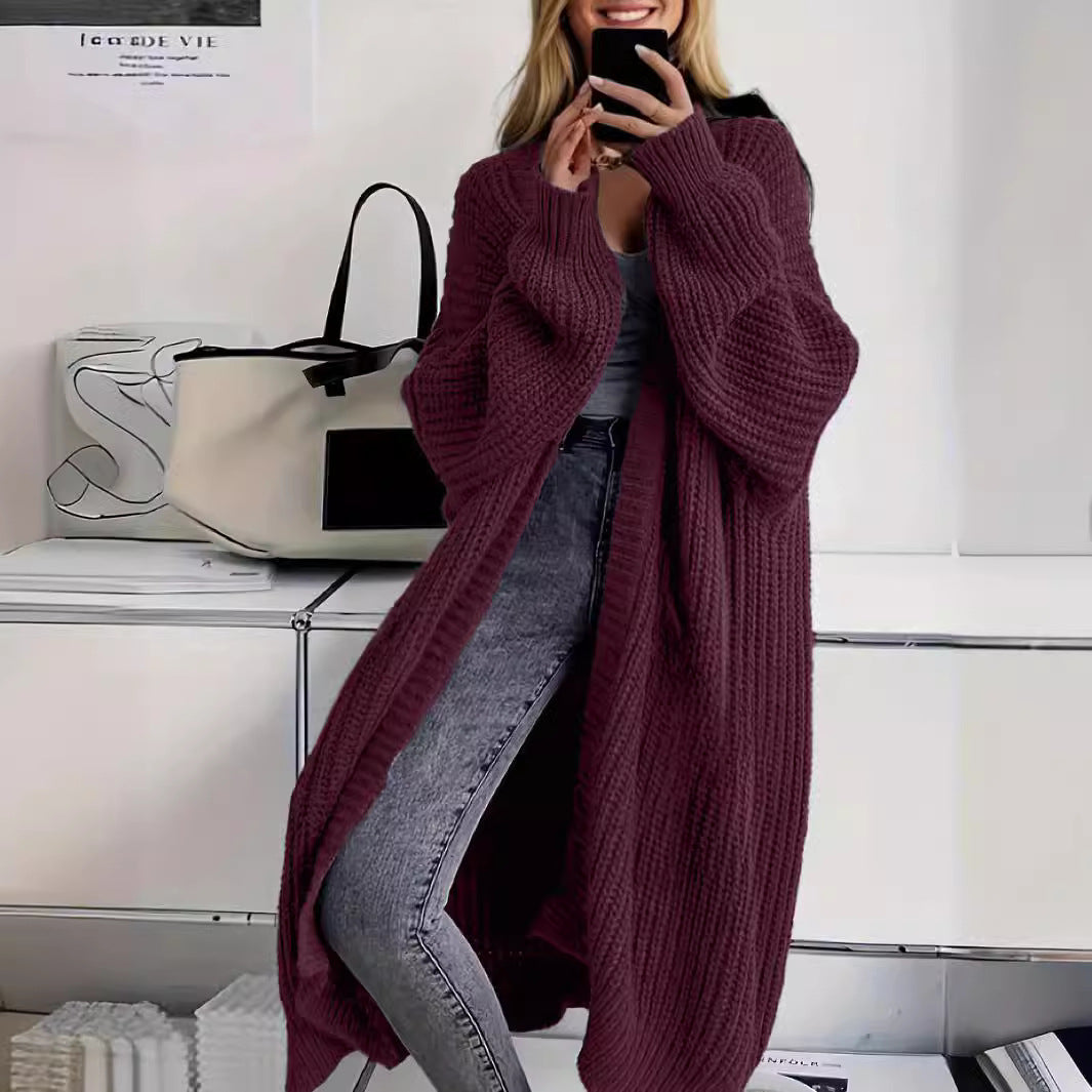 Knitted Long Cardigan With Pockets Fashion All-match Lantern-sleeved Coat