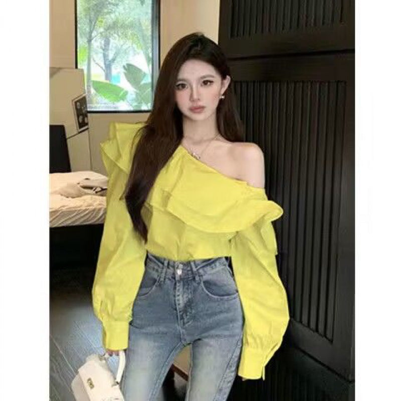 Women's Ruffled Off-the-shoulder Long Sleeve Design Elegant Socialite Shirt