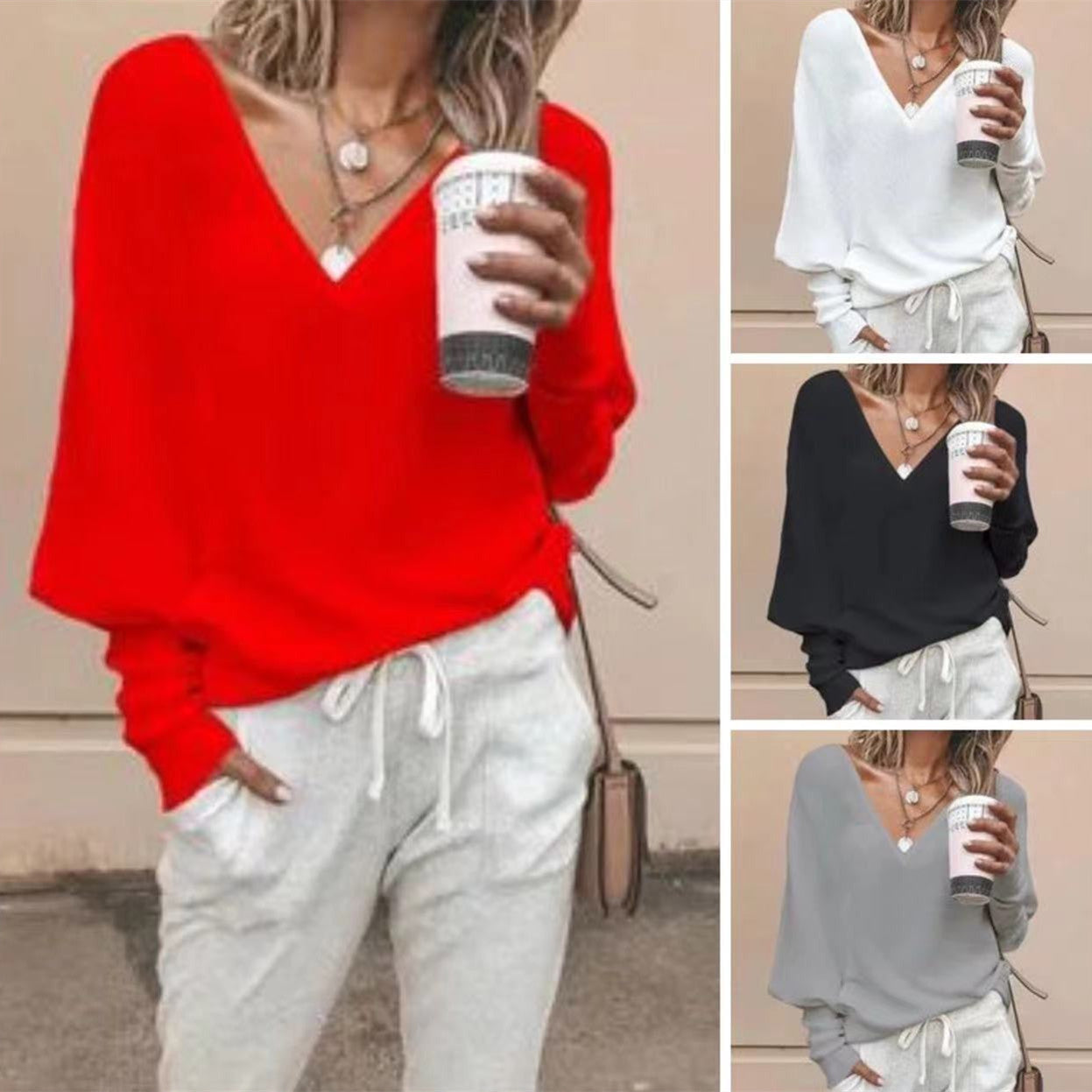 Solid Color And V-neck Batwing Sleeve Long Sleeve T-shirt Top For Women