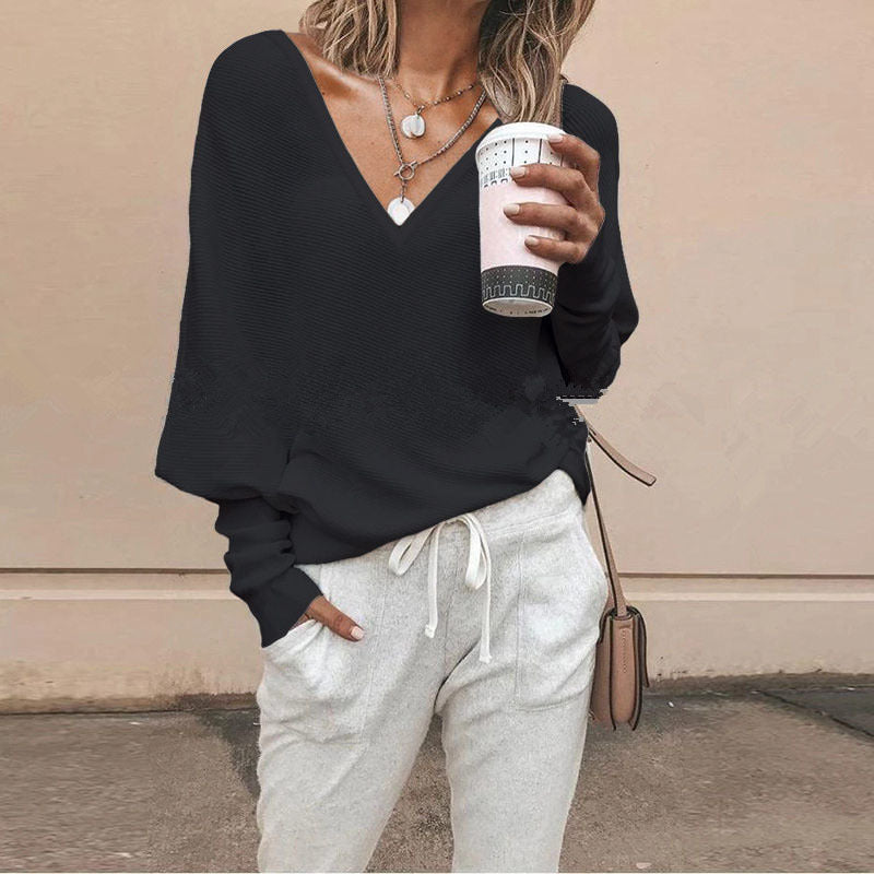 Solid Color And V-neck Batwing Sleeve Long Sleeve T-shirt Top For Women