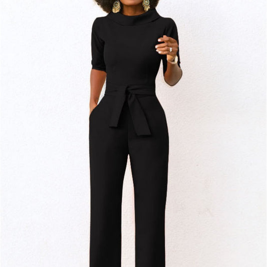 Women's Solid Color Five Quarter Sleeve High Waist Wide Leg Jumpsuit