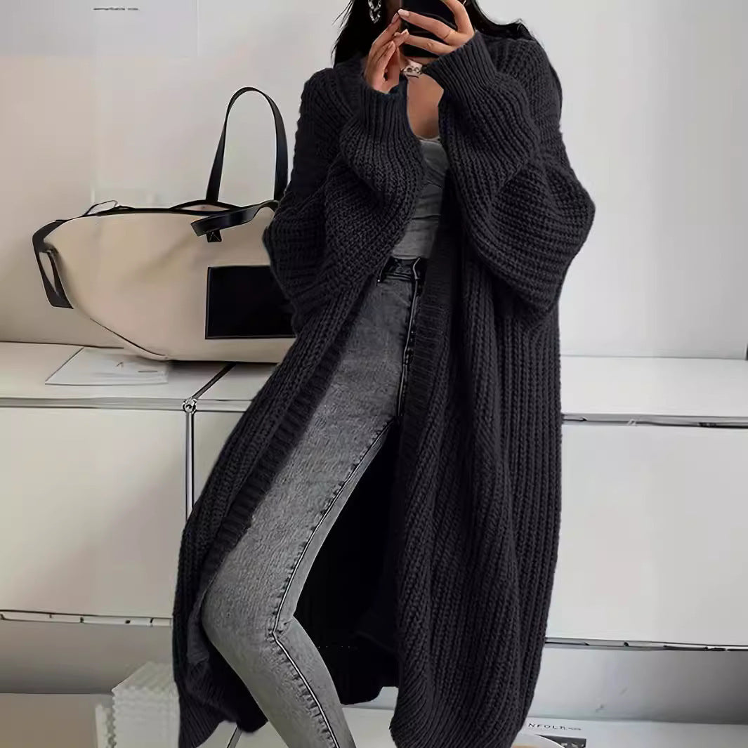 Knitted Long Cardigan With Pockets Fashion All-match Lantern-sleeved Coat