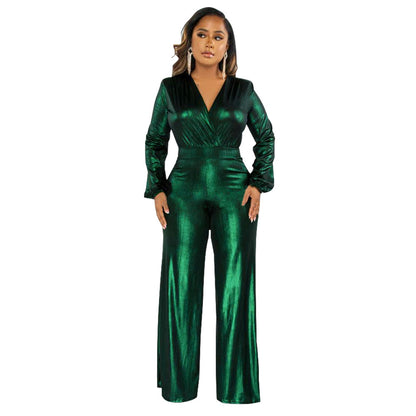 Sexy V-neck Lantern Sleeve Bronzing Jumpsuit