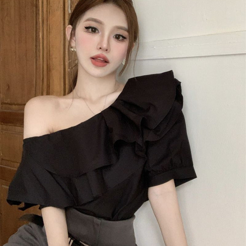 Women's Ruffled Off-the-shoulder Long Sleeve Design Elegant Socialite Shirt