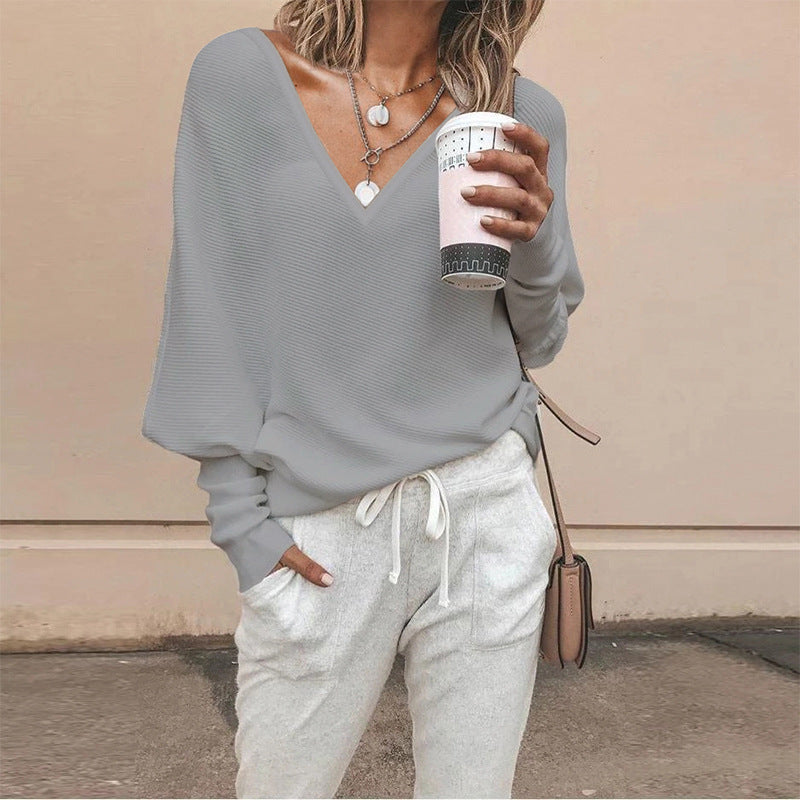 Solid Color And V-neck Batwing Sleeve Long Sleeve T-shirt Top For Women