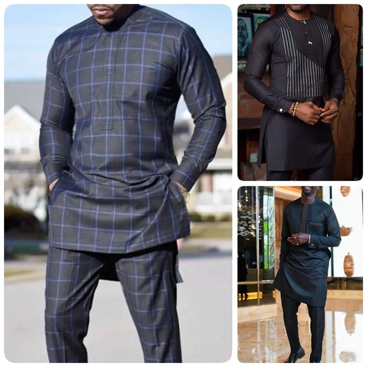 Clothing For Man Dashiki Style Men's Plaid Shirts And Pants 2 Piece Casual Wear Suits