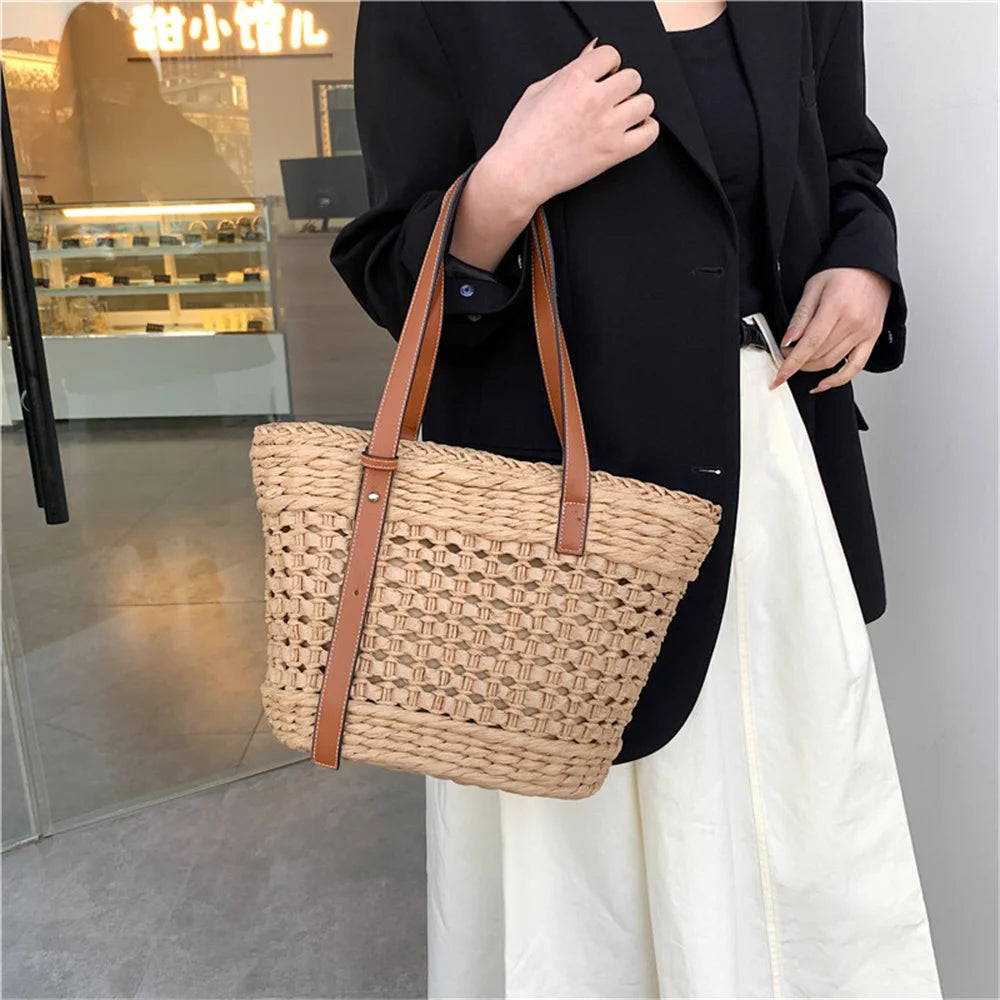 Handwoven Straw BeachTote Bags Vintage Hollow Out Basket Rattan Handbag