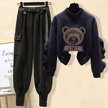 Women's Tracksuit New Casual O-Neck Long Sleeve Sweater+Cargo Pants 2 Piece Set