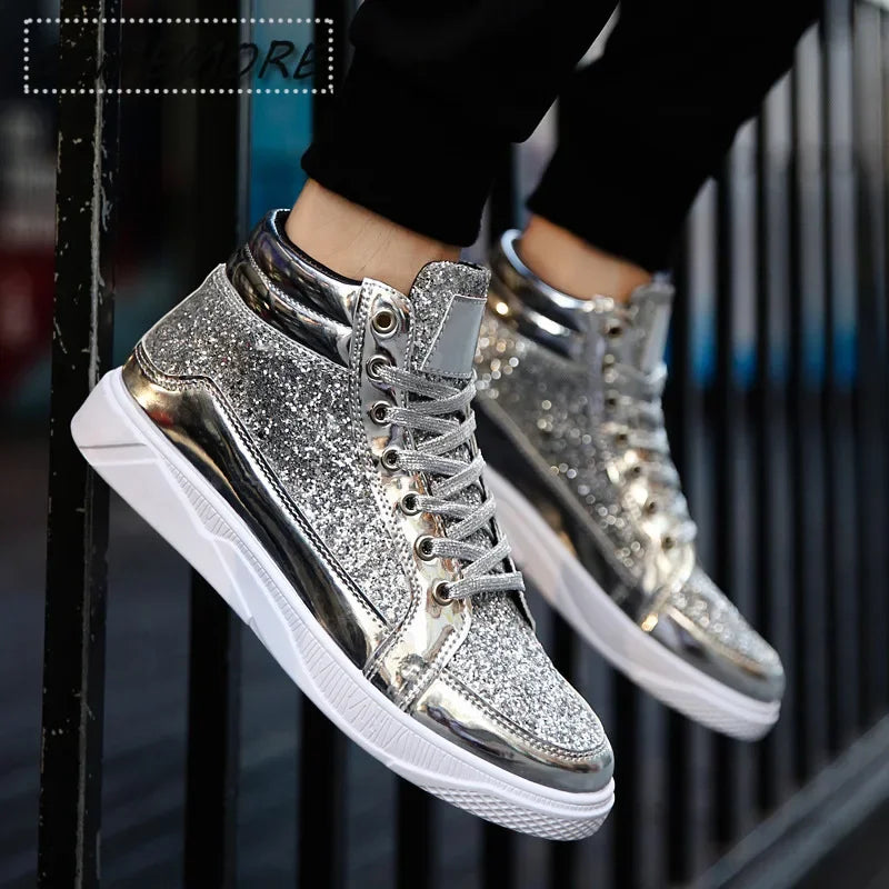 Autumn Winter Men Designer Luxury Men Shoes Sports Style Silver Gold Mens Casual Non-slip Bright Faced Short Boots