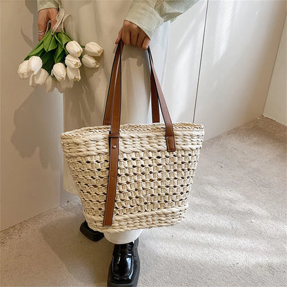 Handwoven Straw BeachTote Bags Vintage Hollow Out Basket Rattan Handbag