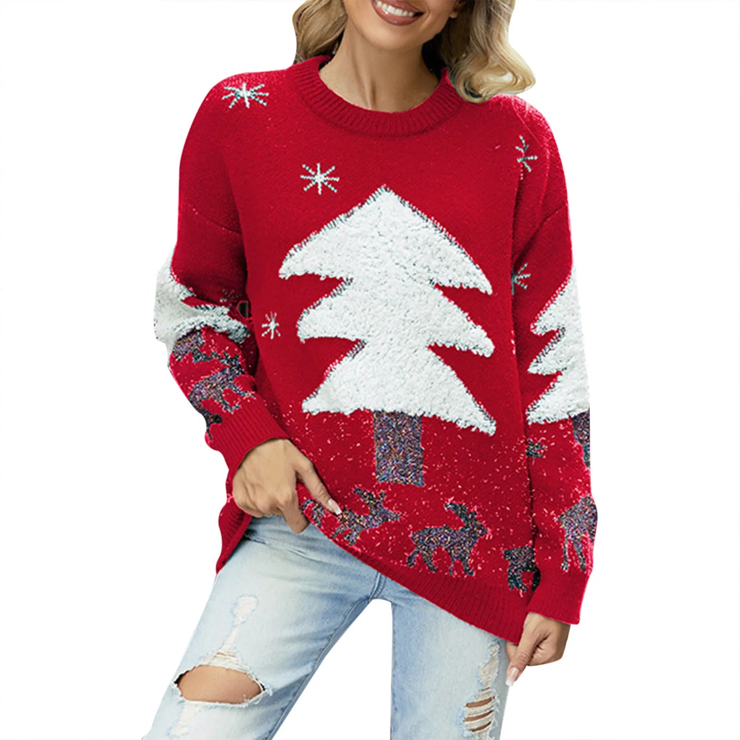 Women Sweater Santa Tree Print Warm Thick