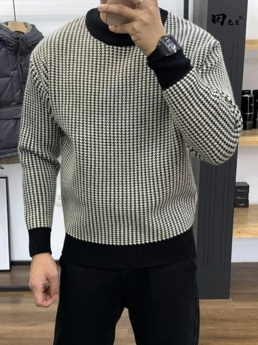 Man Clothes Round Collar Plaid Knitted Sweaters for Men Pullovers Crewneck