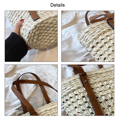 Handwoven Straw BeachTote Bags Vintage Hollow Out Basket Rattan Handbag