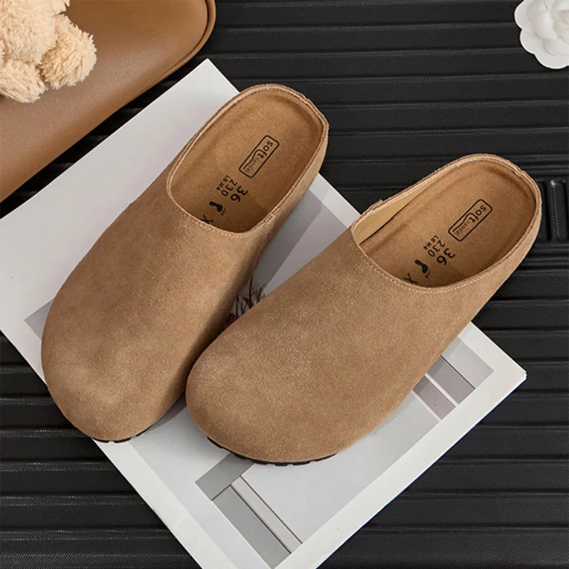 Fashion Half S Leather Soft Shoes Slip On Platform Round Toe Women's Flats Shoes Slides Mules