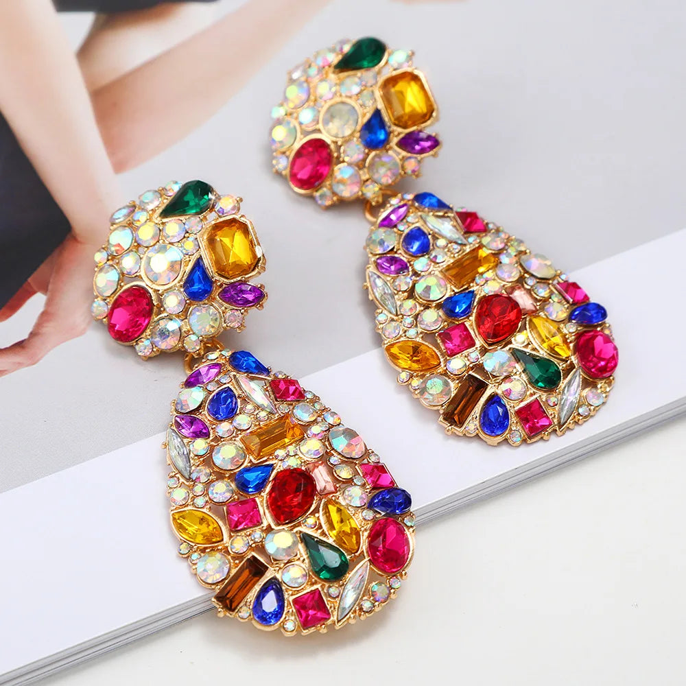 Luxury Exaggerated Colorful Crystal Teardrop Clip on Earrings Rhinestone Non Pierced Statement Dangle Earrings for Women Jewelry