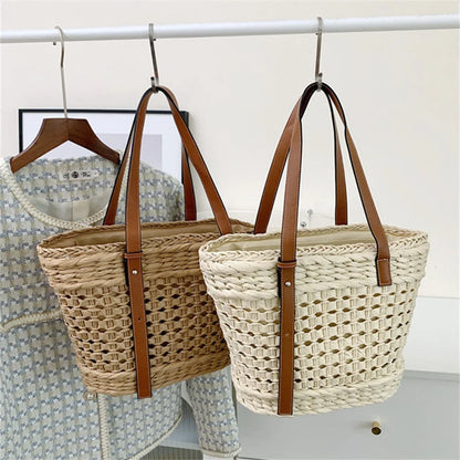 Handwoven Straw BeachTote Bags Vintage Hollow Out Basket Rattan Handbag