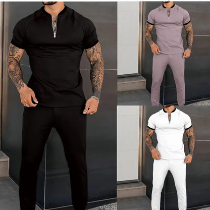 summer popular men's short-sleeved trousers slim and trendy casual sports suit