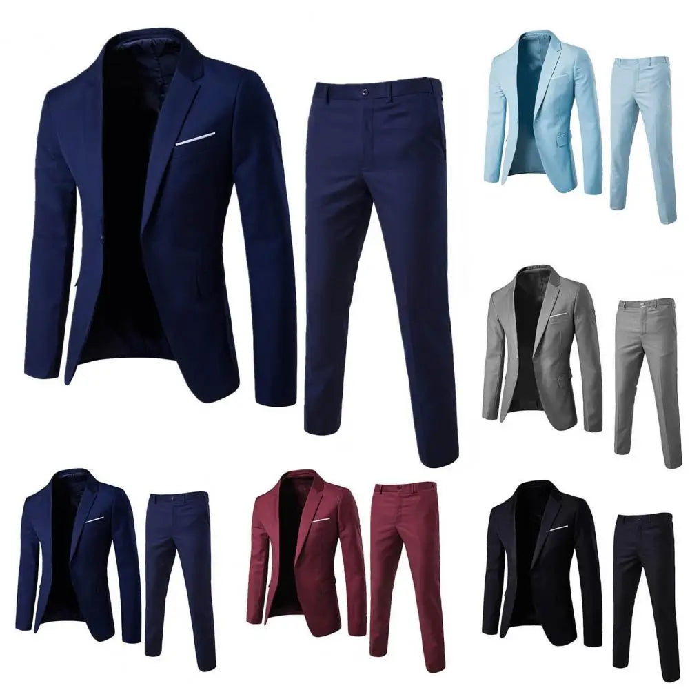 Stylish Formal Suit Men Blazer Pants Turndown Collar Pure Color One Button Suit