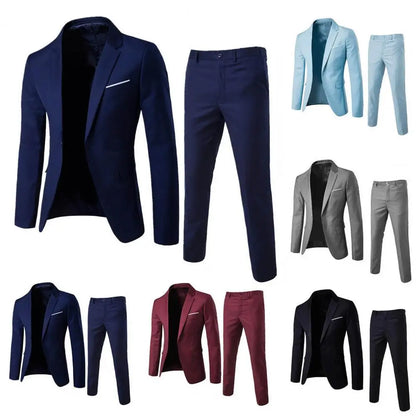 Stylish Formal Suit Men Blazer Pants Turndown Collar Pure Color One Button Suit