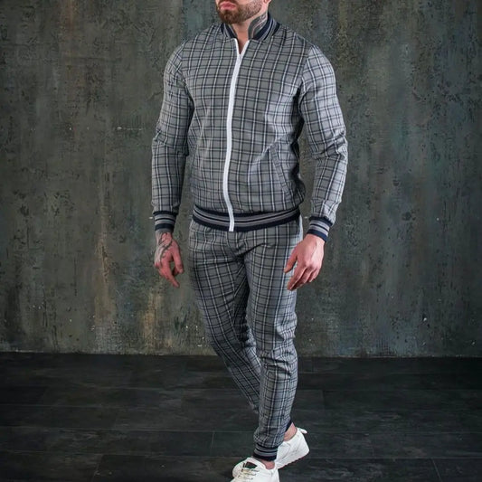 New Gentleman Plaid Men's Tracksuit Sets Casual Zipper Jacket Coat Sports Suit