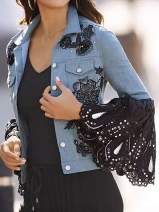 Jacket Rhinestone Floral Denim Lace