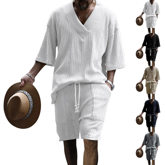 New Men's Set Loose Casual Sports Suit High-quality Cotton Jacquard V-neck Short-sleeved Shorts Two-piece Men's Clothing