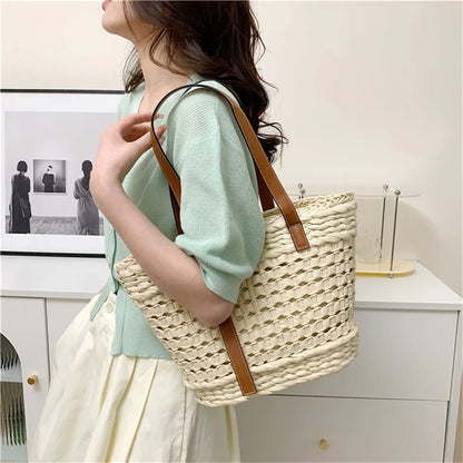 Handwoven Straw BeachTote Bags Vintage Hollow Out Basket Rattan Handbag