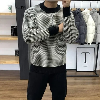 Man Clothes Round Collar Plaid Knitted Sweaters for Men Pullovers Crewneck