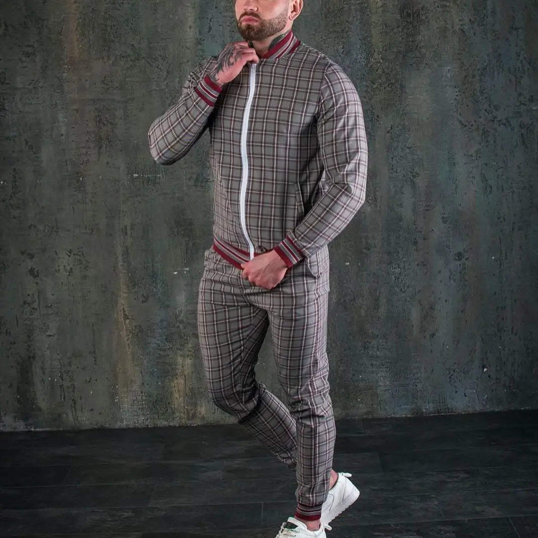 New Gentleman Plaid Men's Tracksuit Sets Casual Zipper Jacket Coat Sports Suit