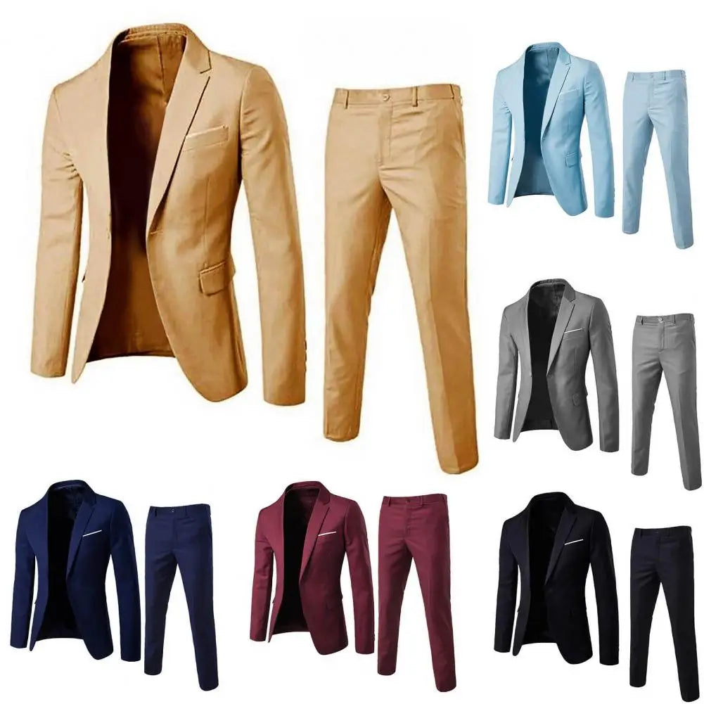 Stylish Formal Suit Men Blazer Pants Turndown Collar Pure Color One Button Suit