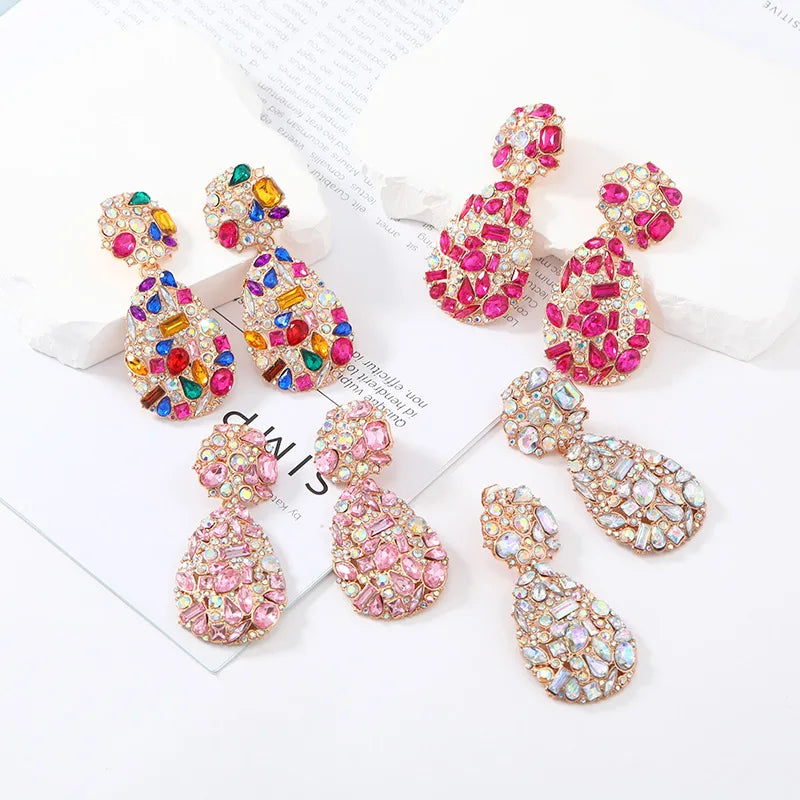 Luxury Exaggerated Colorful Crystal Teardrop Clip on Earrings Rhinestone Non Pierced Statement Dangle Earrings for Women Jewelry