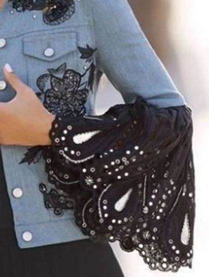 Jacket Rhinestone Floral Denim Lace