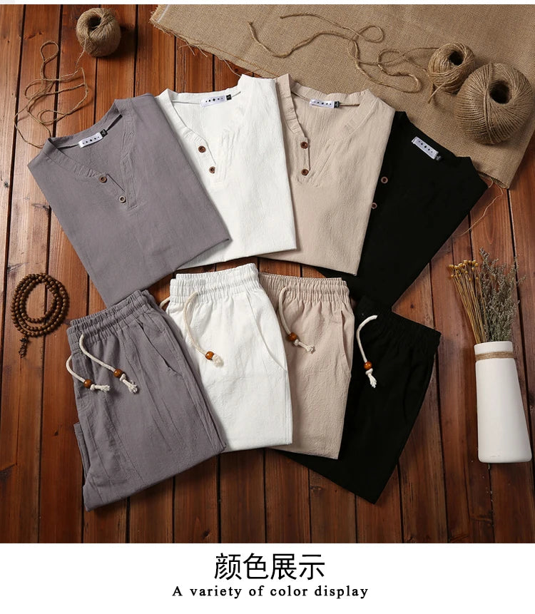 Summer Loose-fit Vintage Casual Cotton Linen Suit For Men T-shirt Shorts Two-piece Set