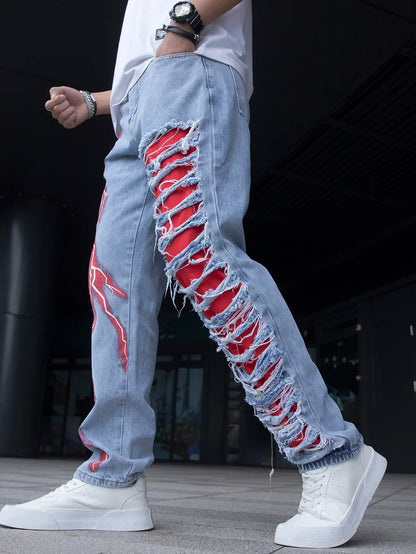 Men Cracked Stretchable Lightning Jeans Fashionable Holes Ripped Patchwork