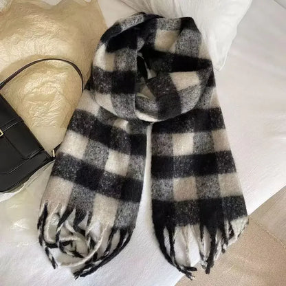 Thick Scarfs Imitation Cashmere Black and White Checkered Pattern with Tassels Muffler