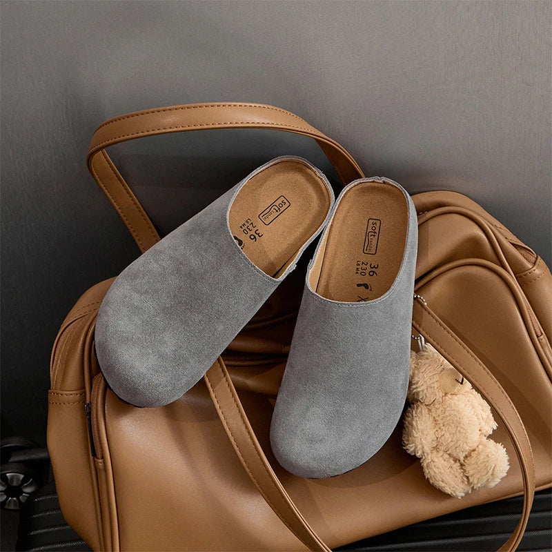 Fashion Half S Leather Soft Shoes Slip On Platform Round Toe Women's Flats Shoes Slides Mules