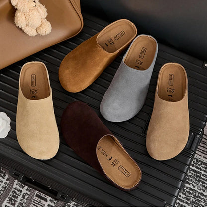 Fashion Half S Leather Soft Shoes Slip On Platform Round Toe Women's Flats Shoes Slides Mules