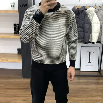 Man Clothes Round Collar Plaid Knitted Sweaters for Men Pullovers Crewneck