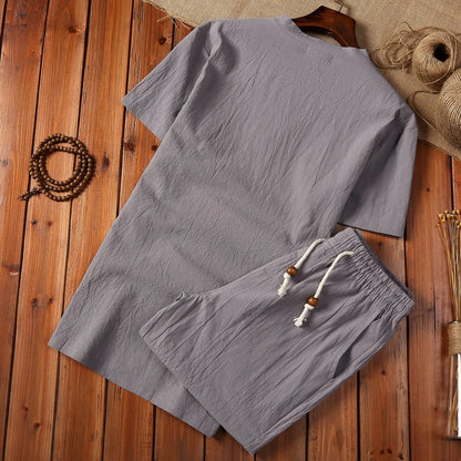 Summer Loose-fit Vintage Casual Cotton Linen Suit For Men T-shirt Shorts Two-piece Set