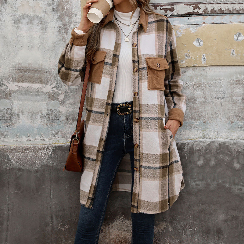 Plaid Long Coat With Pockets Outwear Women's Clothing