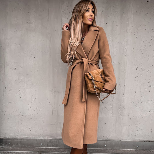 Wool Coat Simple Fashion V-neck Lace Up Long Coat For Women