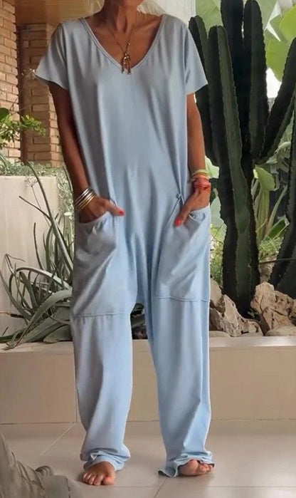 Solid Color And V-neck Oversized Pocket Low-grade Jumpsuit