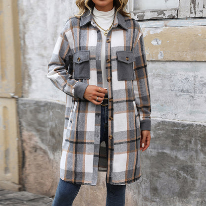 Plaid Long Coat With Pockets Outwear Women's Clothing