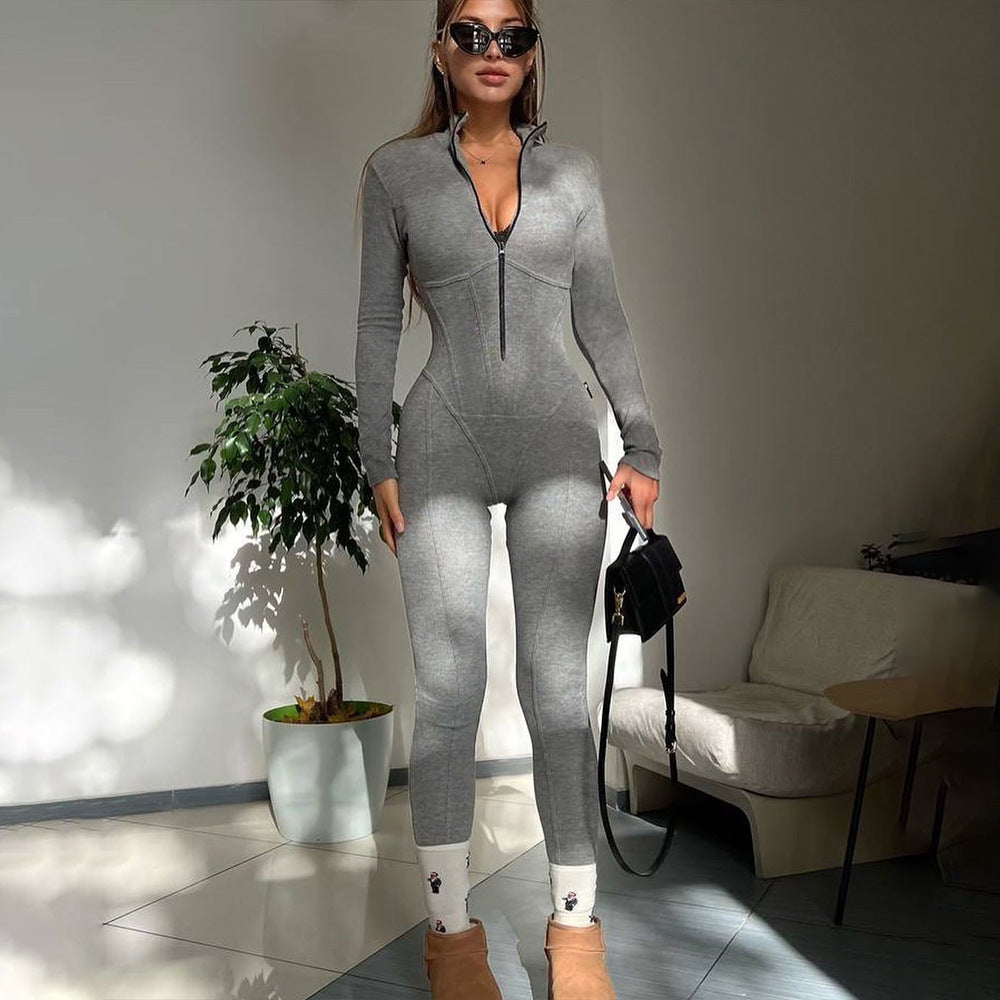 Women's Long-sleeved Zipped Round Neck Long Jumpsuit