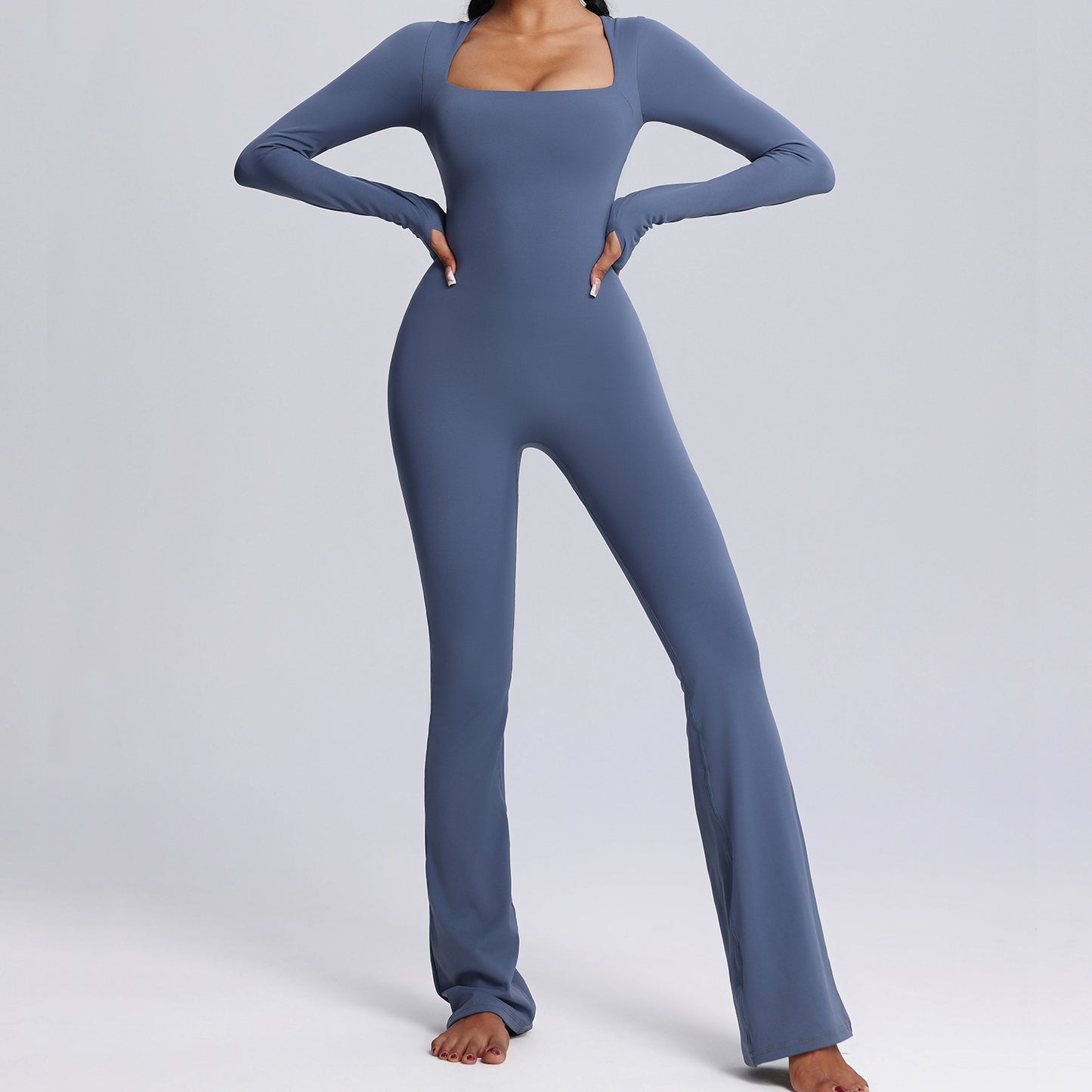 New Square Neck Long-sleeved Jumpsuit Yoga Fitness Sports Flared Pants Breathable Bodysuit Women's Clothing