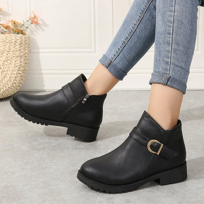 Belt Buckle Zipper Chunky Heel Short Leather Boots